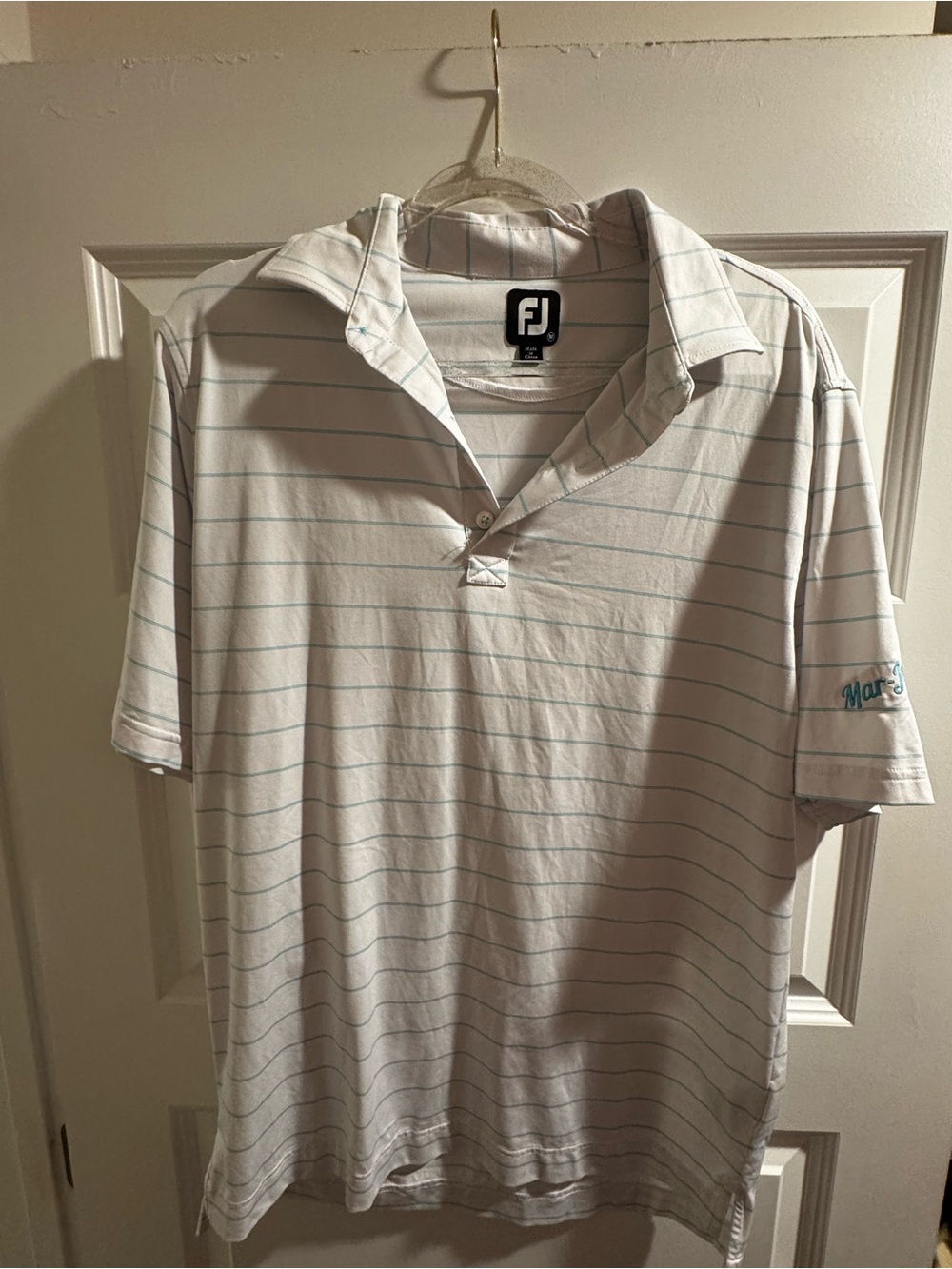 Men's White Polo with Light Teal Stripes